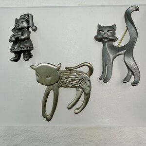 Silver Cat Brooch Set lot of 3